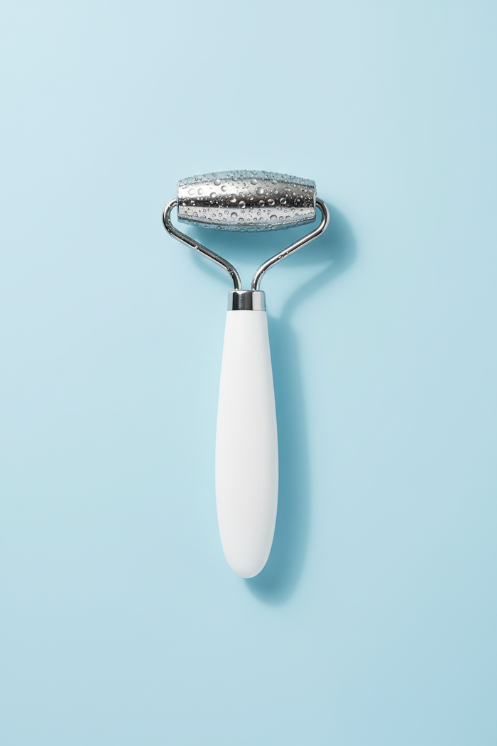 Roller viso effetto ghiaccio Ventolieve FRESH, rullo in acciaio inossidabile con gocce di condensa e manico bianco