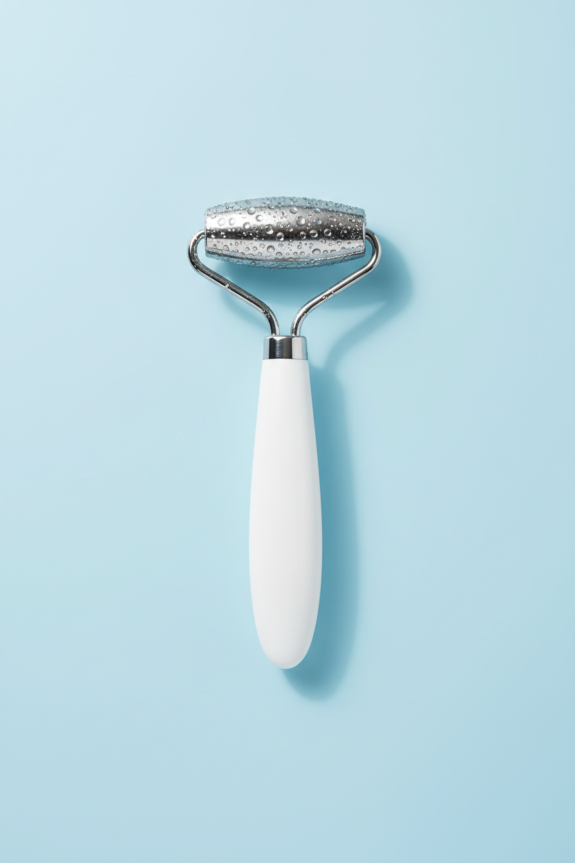 Roller viso effetto ghiaccio Ventolieve FRESH, rullo in acciaio inossidabile con gocce di condensa e manico bianco