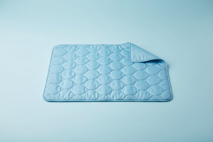 Tappetino refrigerante Ventolieve PET azzurro con superficie trapuntata a onde, disteso e in parte arrotolato