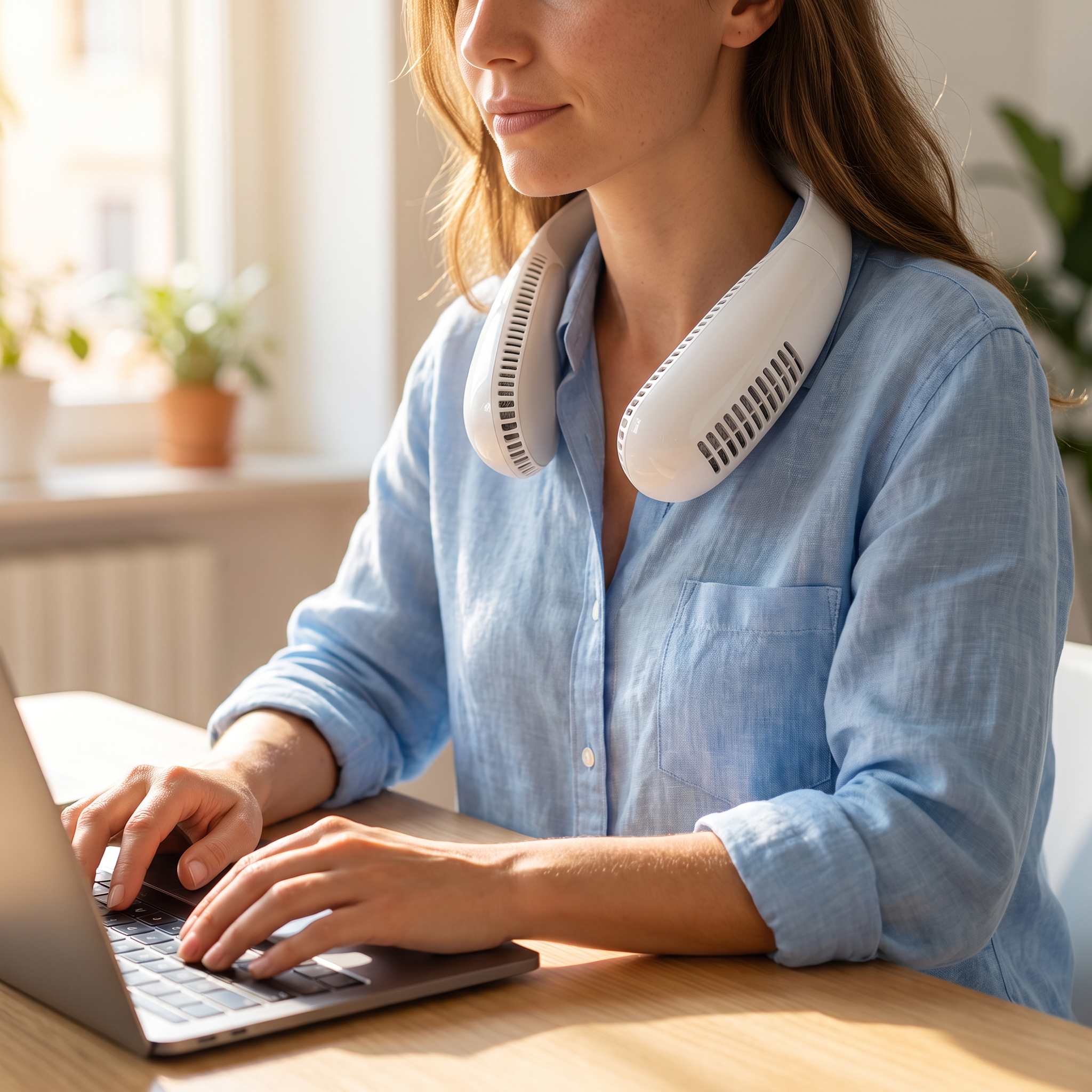 Donna alla scrivania che lavora al laptop con entrambe le mani libere, indossando il ventilatore da collo Ventolieve GO bianco