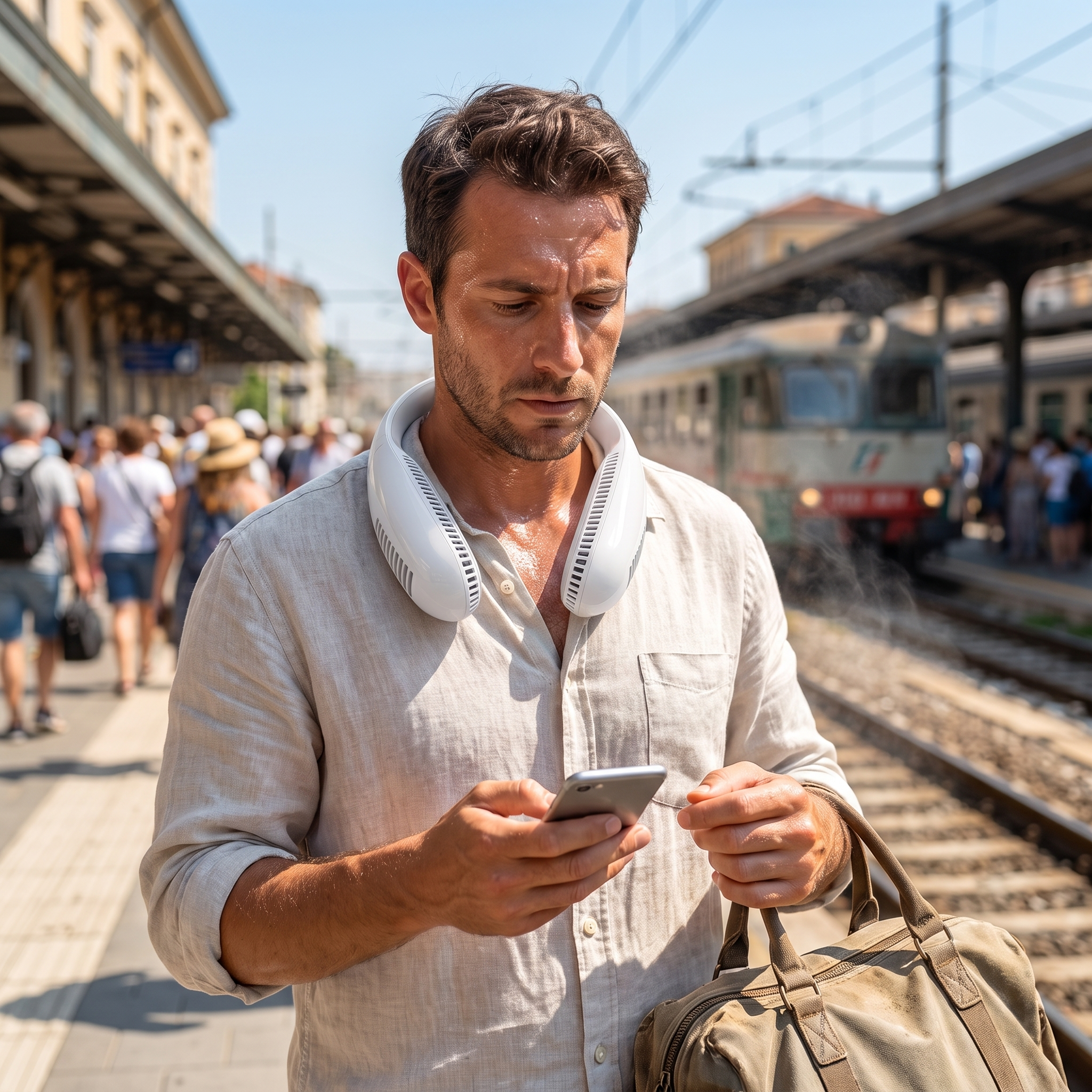 Uomo in attesa su una banchina affollata sotto il sole con telefono e borsa in mano, ventilatore da collo Ventolieve GO al collo