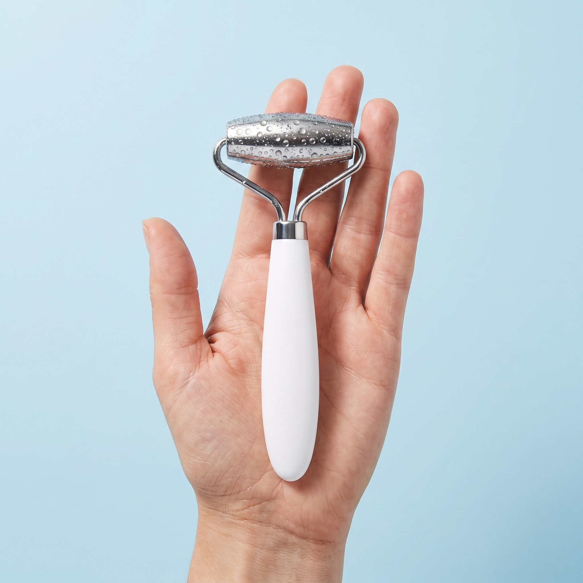 Roller viso Ventolieve FRESH tenuto in mano per mostrare le dimensioni reali, manico bianco e rullo in acciaio