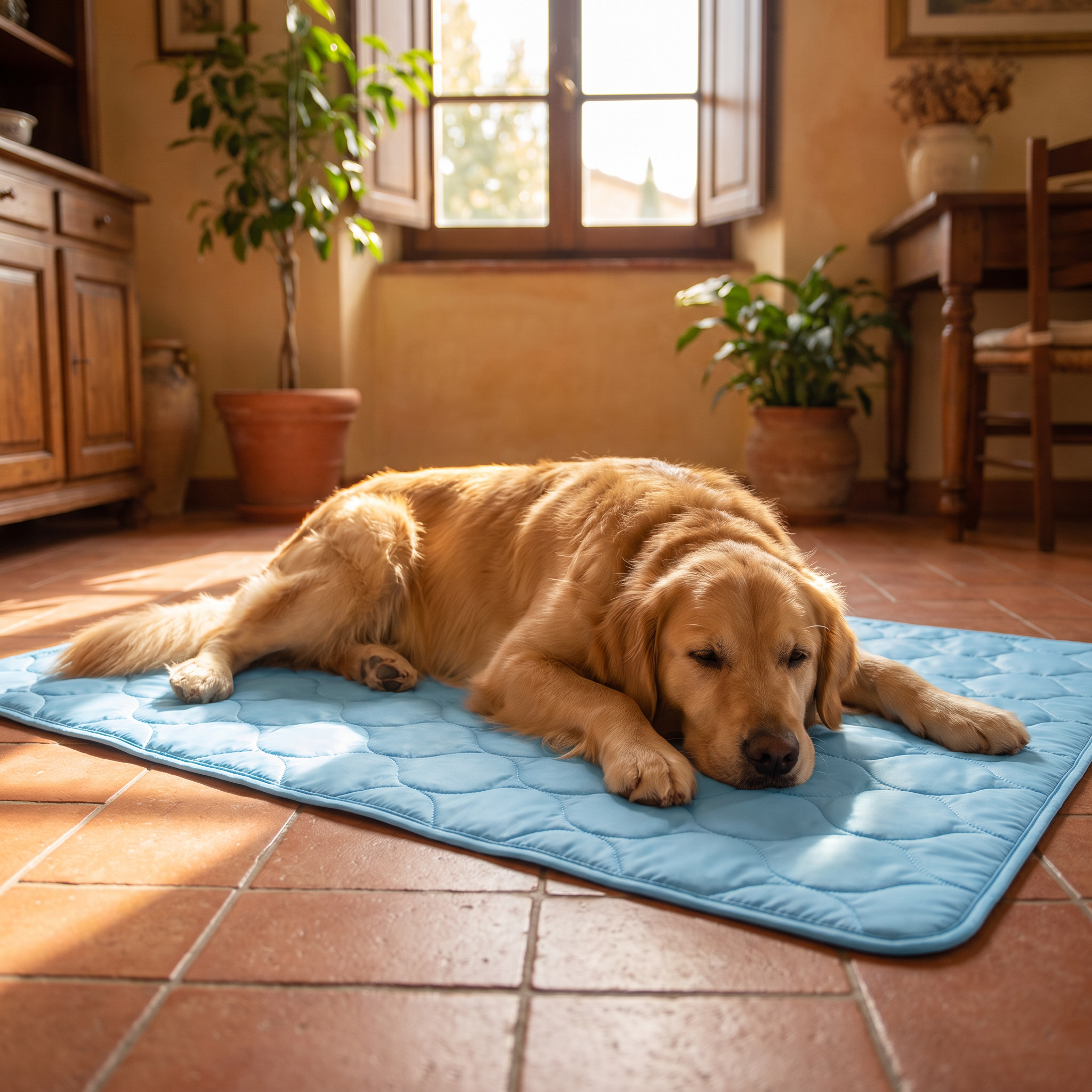Golden retriever disteso e rilassato sul tappetino refrigerante Ventolieve PET azzurro, in un soggiorno estivo