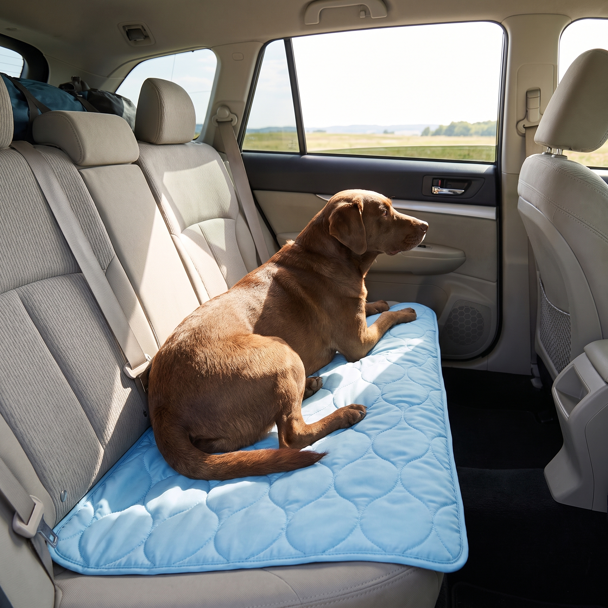 Cane seduto tranquillo sul tappetino refrigerante Ventolieve PET steso sul sedile posteriore dell'auto in viaggio