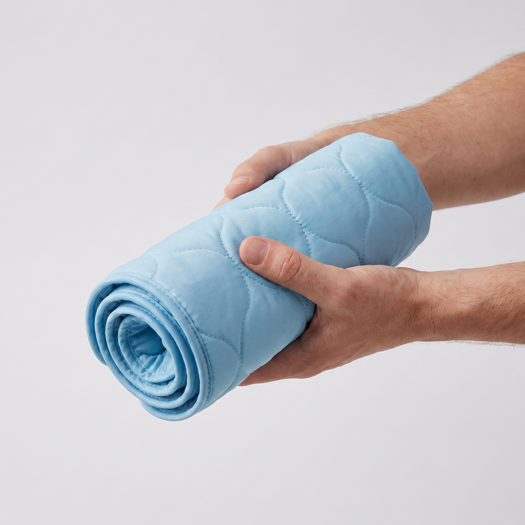 Tappetino refrigerante Ventolieve PET arrotolato e tenuto tra le mani, per mostrare spessore e ingombro reali