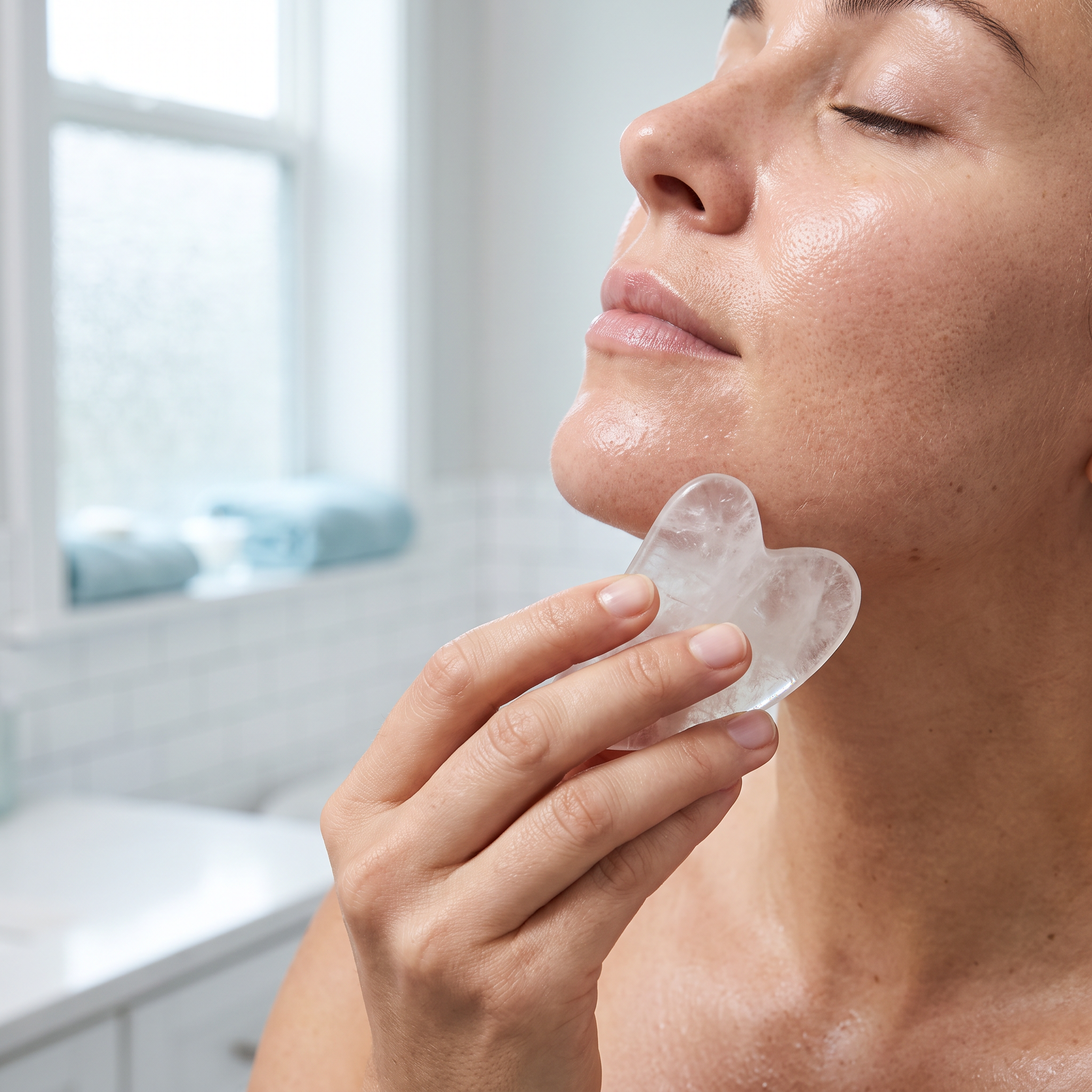 Pietra gua sha in quarzo del Kit Rituale Fresh in una passata lenta lungo la mandibola
