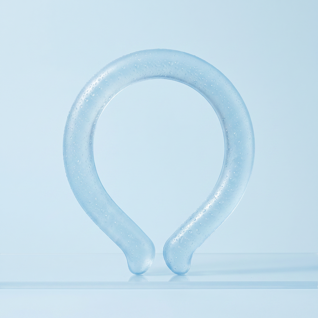 Anello refrigerante da collo Ventolieve RING in silicone azzurro, forma a U aperta sul davanti, su sfondo azzurro ghiaccio