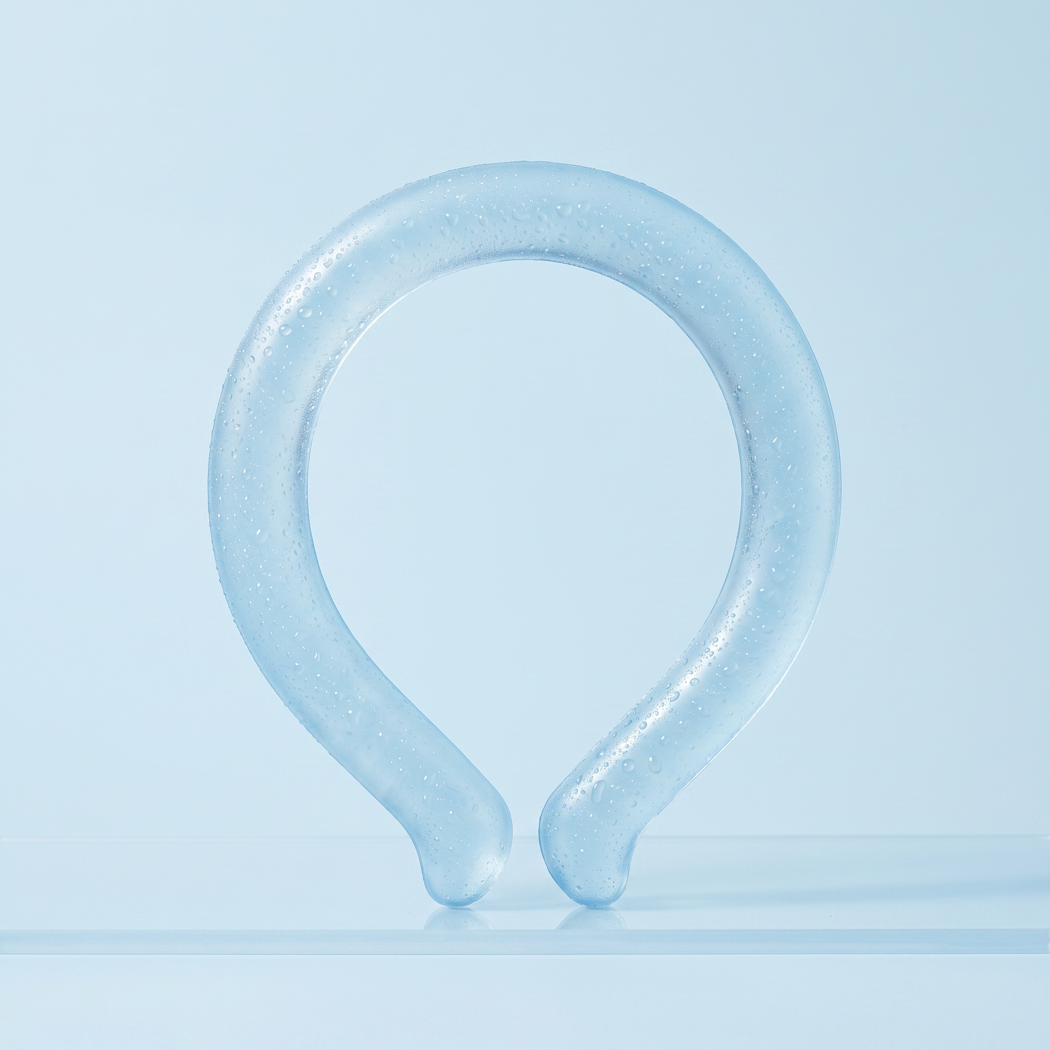 Anello refrigerante da collo Ventolieve RING in silicone azzurro, forma a U aperta sul davanti, su sfondo azzurro ghiaccio