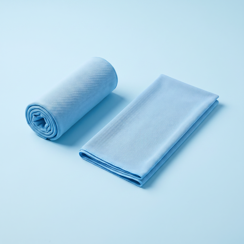 Asciugamano rinfrescante da collo Ventolieve WRAP in microfibra azzurra, arrotolato e piegato, su sfondo azzurro ghiaccio