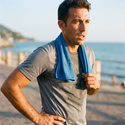 Uomo in pausa dopo la corsa sul lungomare con l'asciugamano rinfrescante Ventolieve WRAP intorno al collo