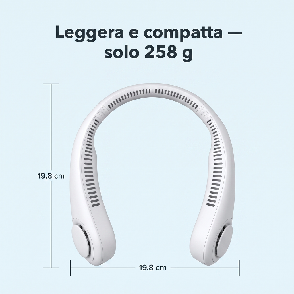 Dimensioni del Ventolieve GO: 19,8 × 19,8 cm, solo 258 g — leggero e compatto