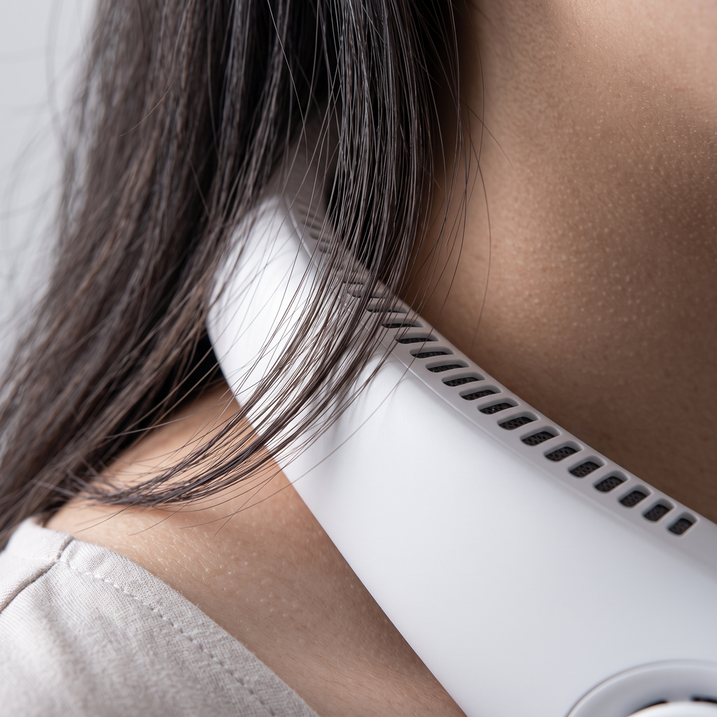Dettaglio macro: capelli lunghi appoggiati sulla scocca chiusa del Ventolieve GO, nessuna pala esposta