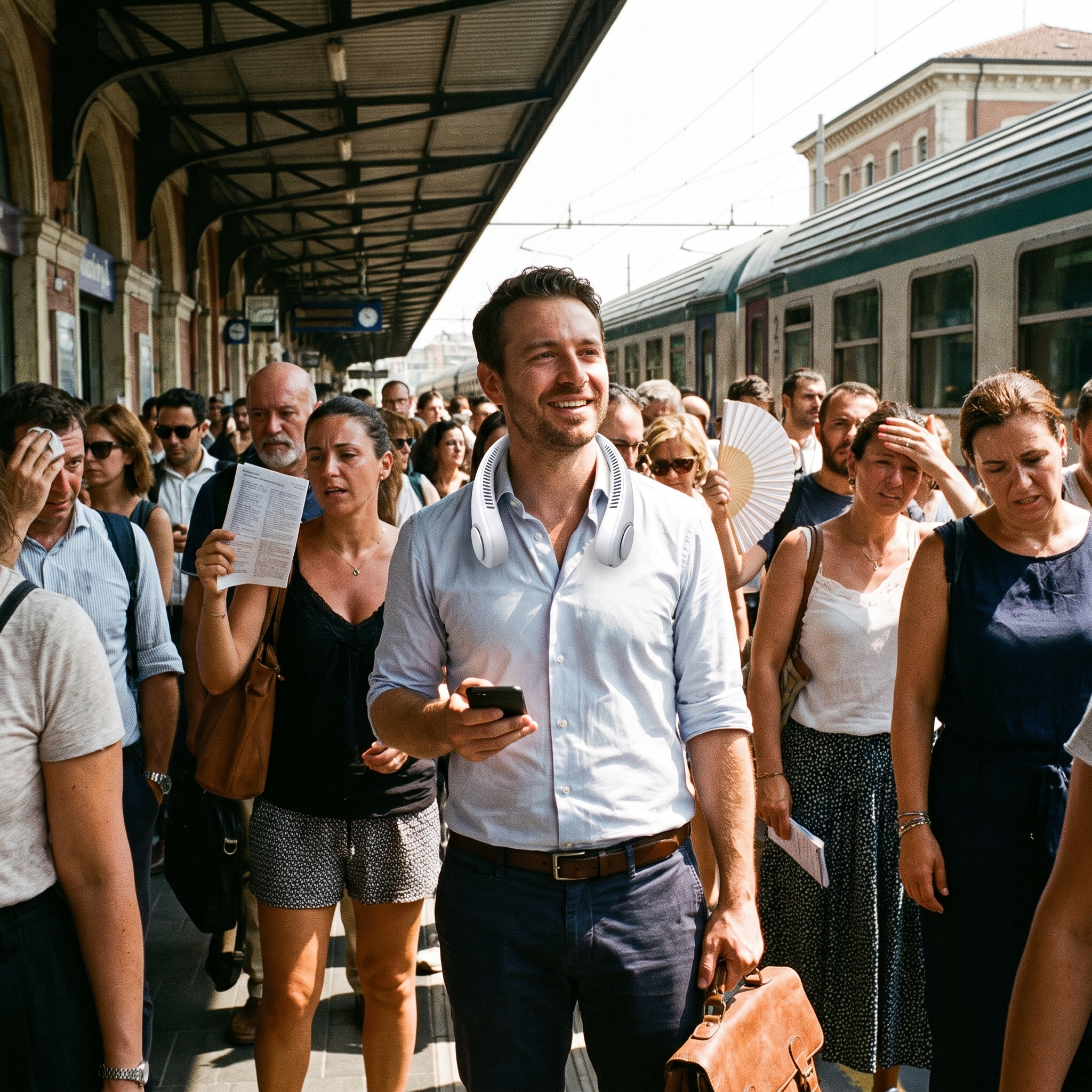 Uomo su una banchina affollata sotto il sole con telefono e borsa in mano, fresco grazie al Ventolieve GO al collo