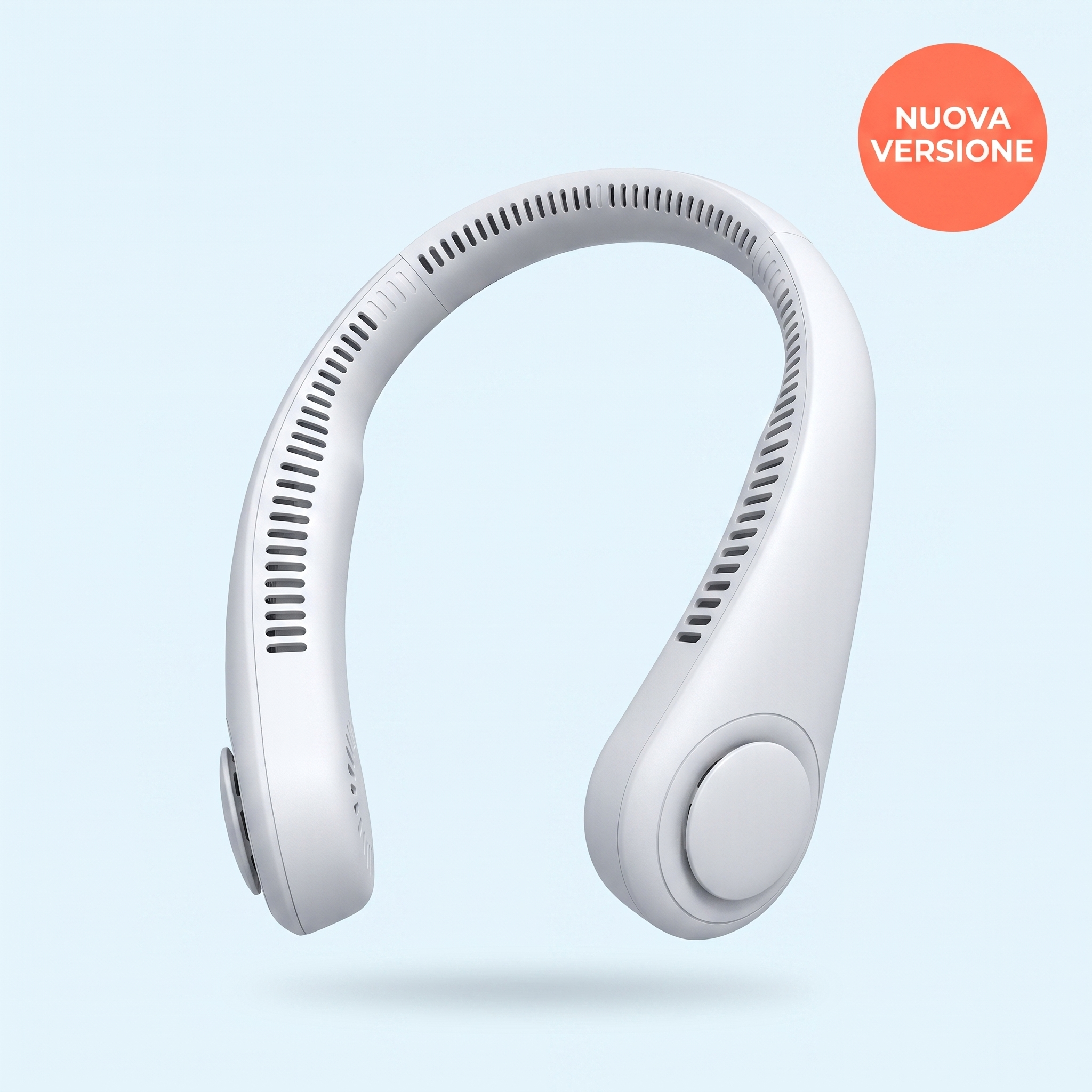 Ventilatore da collo Ventolieve GO nuova versione — packshot su fondo azzurro ghiaccio con badge Nuova Versione in alto a destra