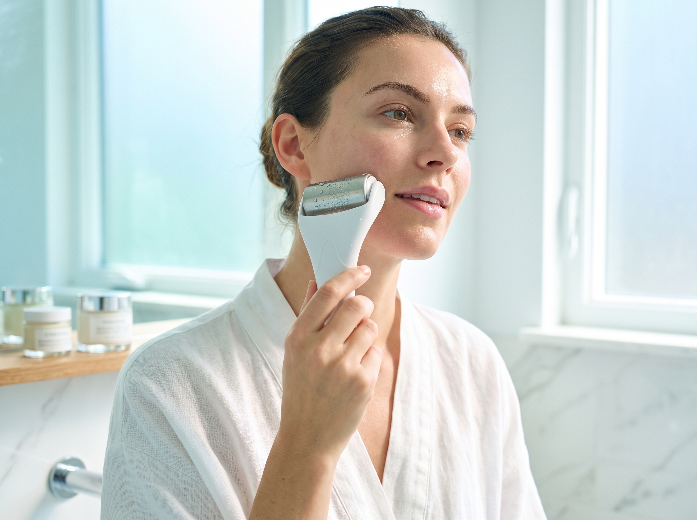 Donna che usa il roller viso refrigerante Ventolieve